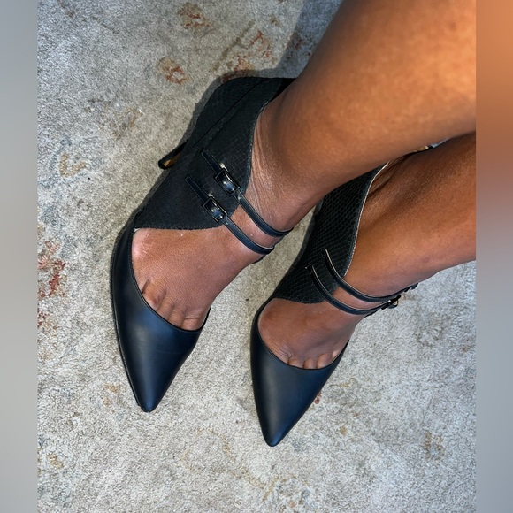 Leather & snakeskin Nine West heels w/ high sides & double front buckle. Sz 9.5 - Picture 6 of 10